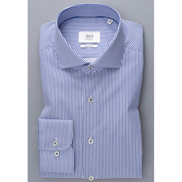 Chemise Eterna MODERN FIT TWILL BANDES bleu foncé avec col Italien en coupe moderne