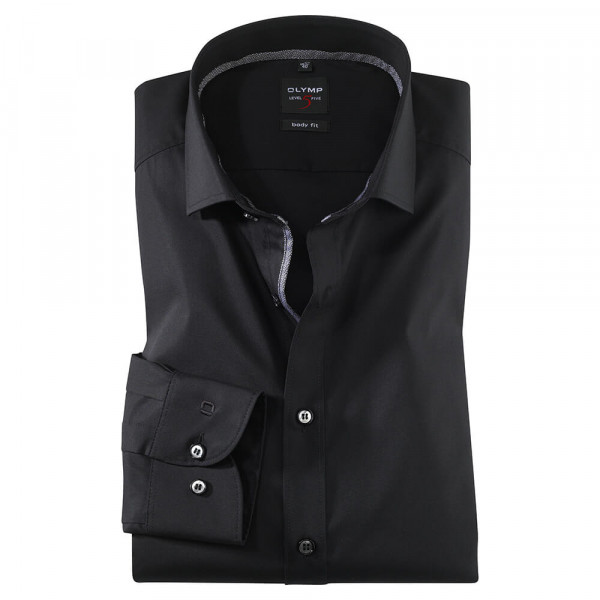 Chemise OLYMP Level Five body fit UNI POPELINE noir avec col Royal Kent en coupe étroite