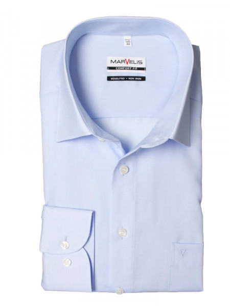Chemise Marvelis COMFORT FIT UNI POPELINE bleu clair avec col Nouveau Kent en coupe classique