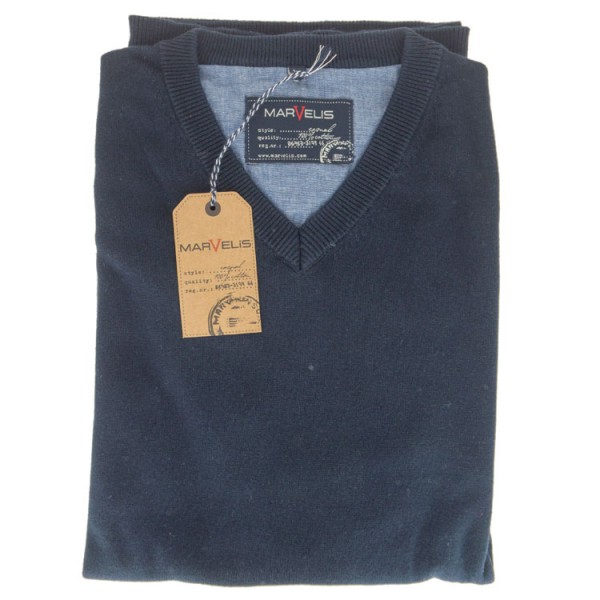 Marvelis Pull bleu foncé Col V