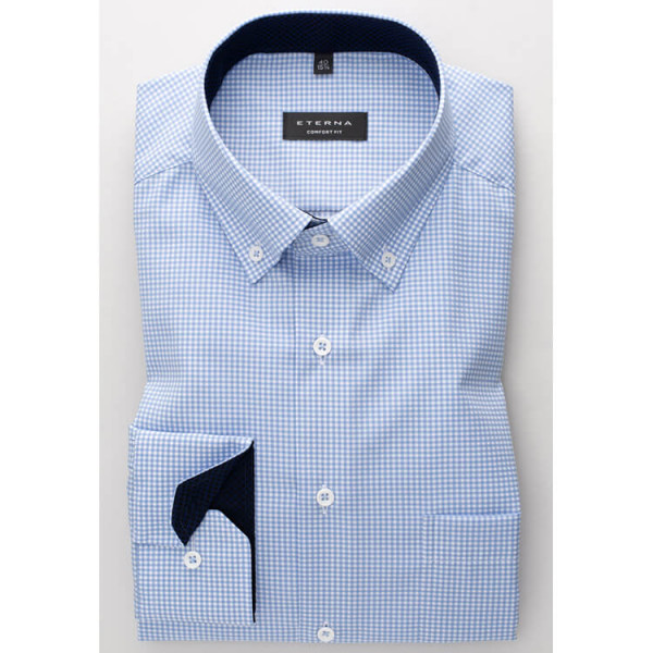 Chemise Eterna COMFORT FIT TWILL CARREAU bleu clair avec col Button Down en coupe classique