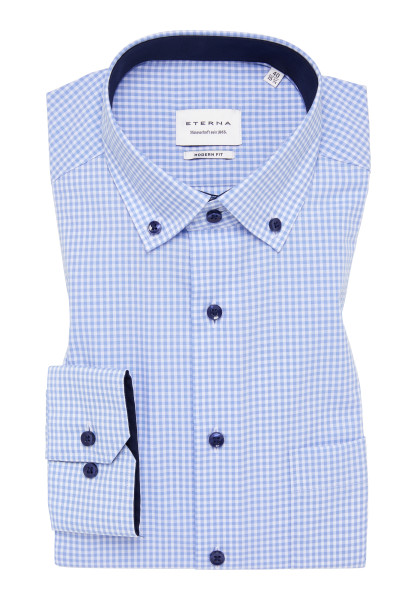 Chemise Eterna MODERN FIT VICHY POPELINE bleu clair avec col Button Down en coupe moderne