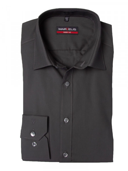 Chemise Marvelis BODY FIT UNI POPELINE anthracite avec col New York Kent en coupe étroite