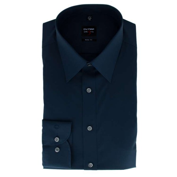 Chemise OLYMP Level Five body fit UNI POPELINE bleu foncé avec col New York Kent en coupe étroite