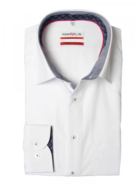 Chemise Marvelis MODERN FIT UNI POPELINE blanc avec col Nouveau Kent en coupe moderne