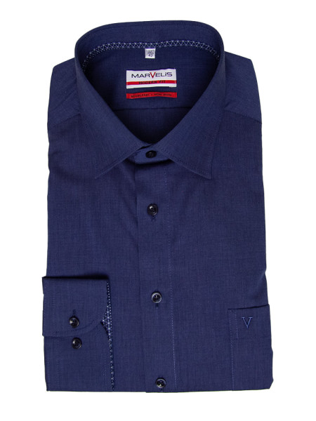 Chemise Marvelis MODERN FIT UNI POPELINE bleu foncé avec col Nouveau Kent en coupe moderne