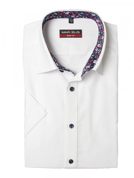 Chemise Marvelis BODY FIT UNI POPELINE blanc avec col New York Kent en coupe étroite