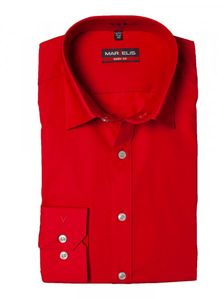 Chemise Marvelis BODY FIT UNI POPELINE rouge avec col New York Kent en coupe étroite