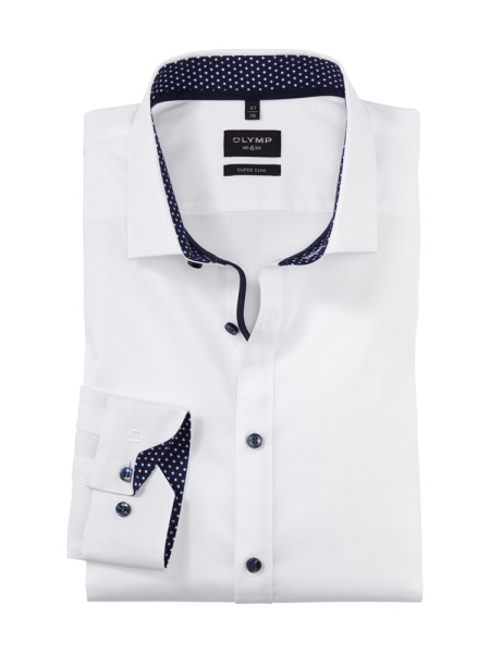 Chemise Olymp SUPER SLIM UNI POPELINE blanc avec col Kent moderne en coupe super étroite