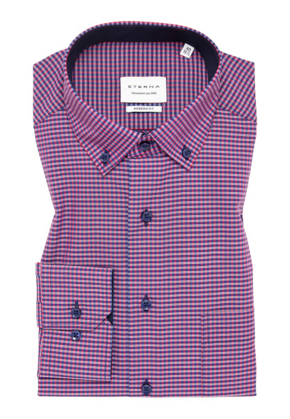 Chemise Eterna MODERN FIT VICHY POPELINE rouge avec col Button Down en coupe moderne