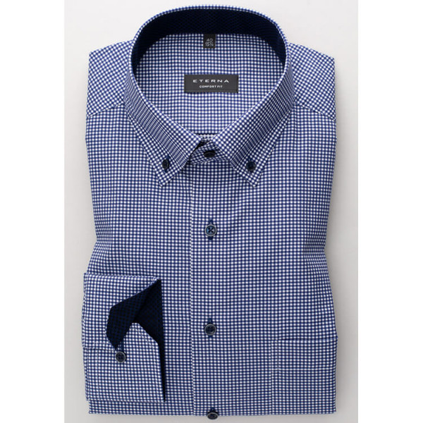 Chemise Eterna COMFORT FIT TWILL CARREAU bleu foncé avec col Button Down en coupe classique